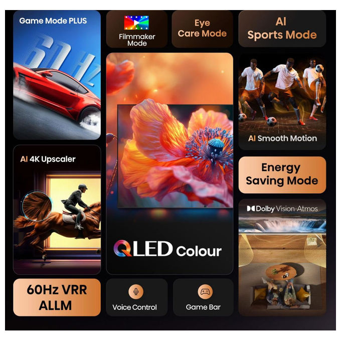 Hisense 65E7Q, smart tv QLED 65 pollici, 4K Ultra HD, Dolby Vision HDR10+, VIDAA, Wi-Fi, modalita' gaming VRR, nero