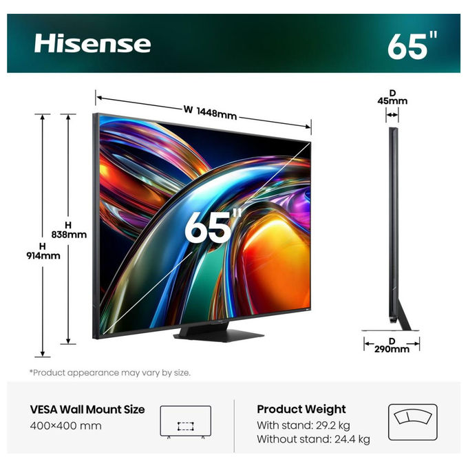 Hisense 65UR9S Smart TV MiniLED RGB 65'' 4K 170Hz Anti Riflesso Dolby Atmos VIDAA OS colore Grigio