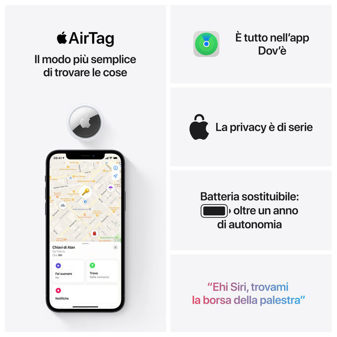 Apple AirTag Cercatore Argento e Bianco IP67 Bluetooth NFC per iOS 14.5+