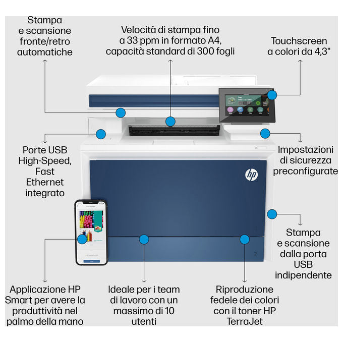 HP 4RA84F Color LaserJet Pro 4302fdn Stampante Multifunzione Laser A4 a colori 33 ppm Fronte Retro Fax DADF Touchscreen 4.3'' colore Blu