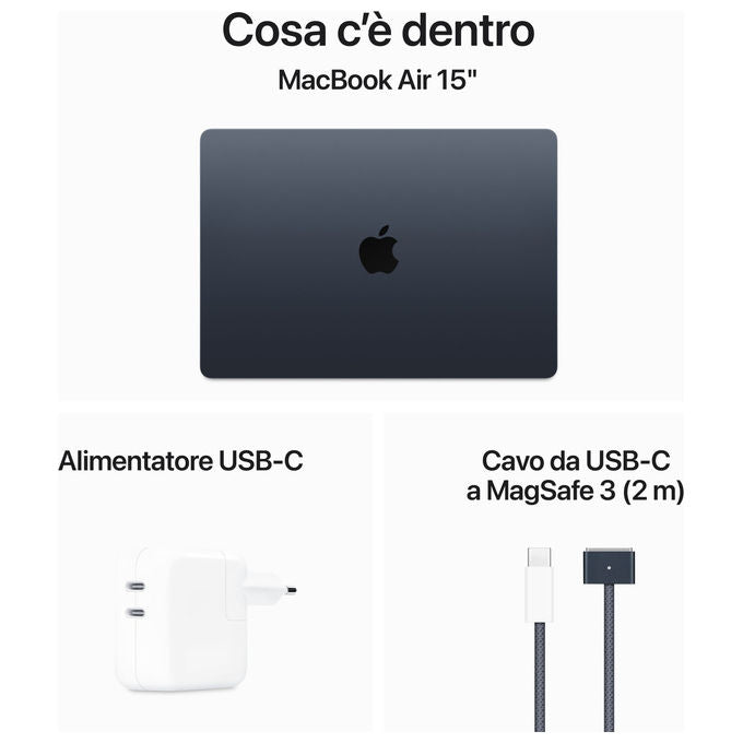 Apple MRYV3T-A MacBook Air 15'' Notebook Chip M3 CPU 8-core GPU 10-core 8 GB RAM 512 GB SSD macOS Sonoma colore Mezzanotte