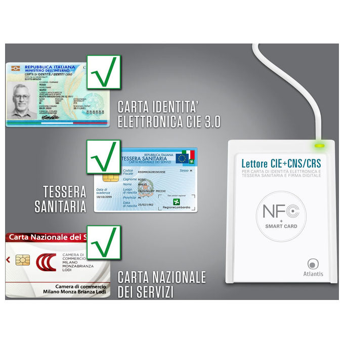 Atlantis P005-CIED331C Lettore Smart Card Combo CIE 3.0 NFC USB 2.0 CNS CRS Tessera Sanitaria SPID colore Bianco