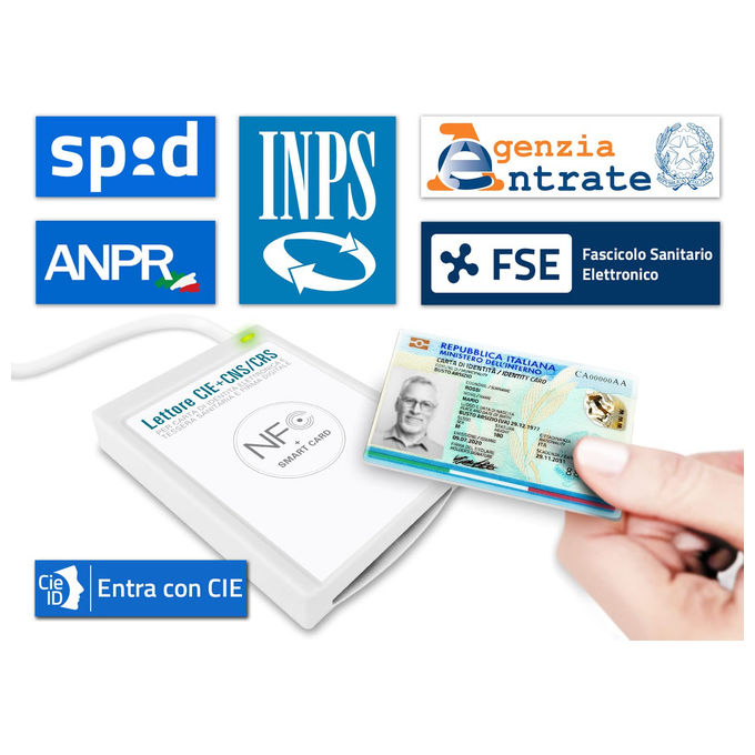 Atlantis P005-CIED331C Lettore Smart Card Combo CIE 3.0 NFC USB 2.0 CNS CRS Tessera Sanitaria SPID colore Bianco
