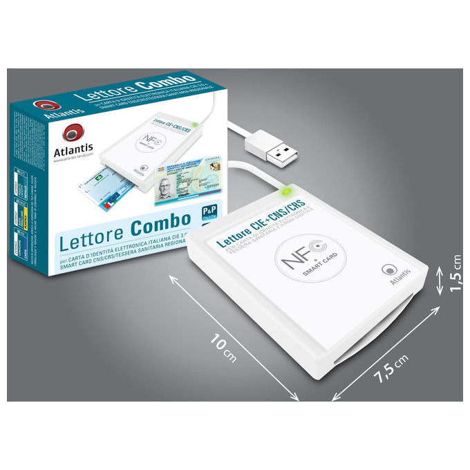 Atlantis P005-CIED331C Lettore Smart Card Combo CIE 3.0 NFC USB 2.0 CNS CRS Tessera Sanitaria SPID colore Bianco