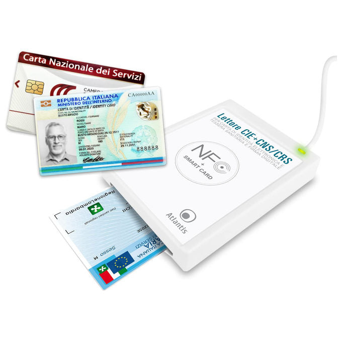 Atlantis P005-CIED331C Lettore Smart Card Combo CIE 3.0 NFC USB 2.0 CNS CRS Tessera Sanitaria SPID colore Bianco
