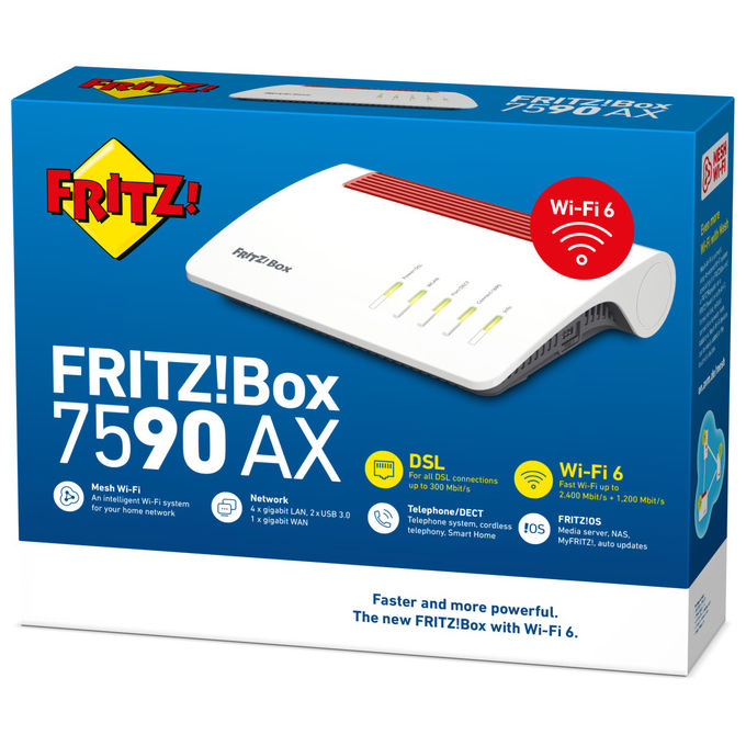 FRITZ! 20002999 FRITZ!Box 7590 AX Modem Router Wi-Fi 6 Dual Band 2400 Mbit-s 4 Porte Gigabit VDSL ADSL Mesh DECT colore Bianco
