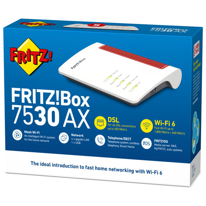 FRITZ! 20002944 FRITZ!Box 7530 AX Modem Router Wi-Fi 6 Dual Band ADSL VDSL Supervectoring Mesh DECT 4 Porte Gigabit USB colore Bianco
