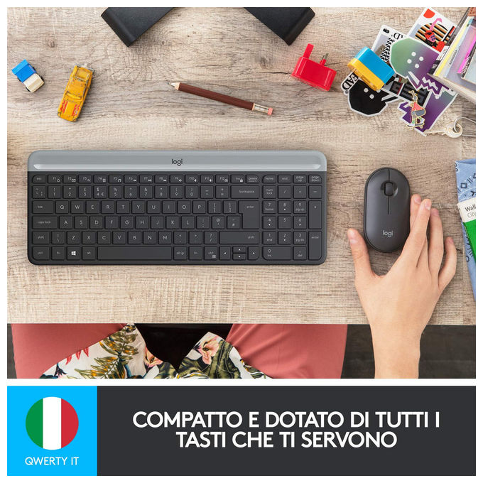 Logitech MK470 KIT_ Mouse Tastiera Wireless, Sottile Silenzioso, Layout Italiano, Grafite