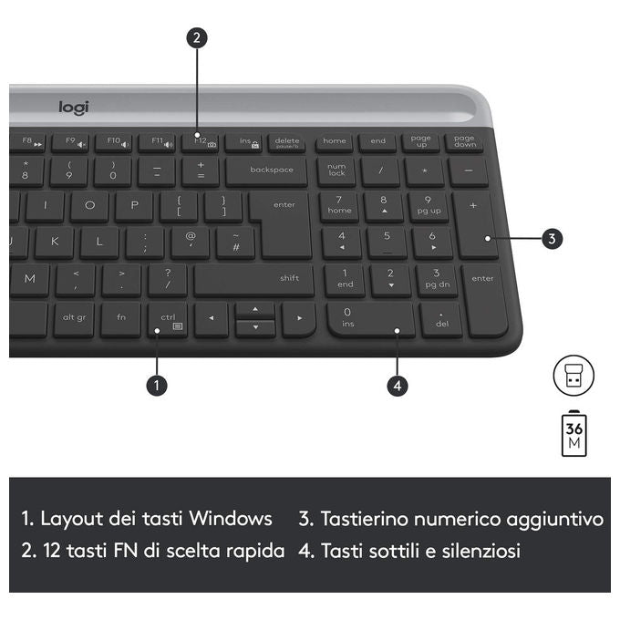 Logitech MK470 KIT_ Mouse Tastiera Wireless, Sottile Silenzioso, Layout Italiano, Grafite