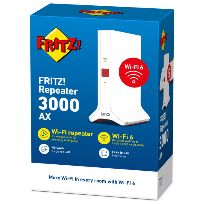 Fritz! 20002991 Repeater 3000 AX Ripetitore Wi-Fi 6 Triband Mesh 4200 Mbit-s 2 Porte LAN Gigabit colore Bianco