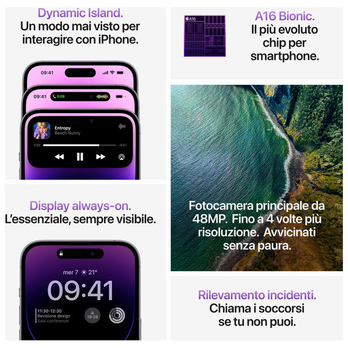 Apple MPXV3QL-A iPhone 14 Pro Smartphone 5G 6.1'' 128GB Chip A16 Tripla Fotocamera 48MP Dynamic Island colore Nero