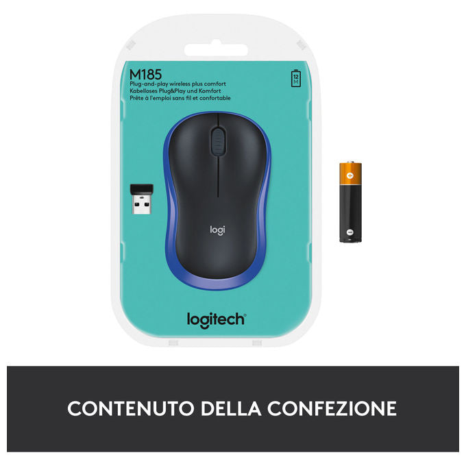Logitech M185 Mouse Wireless Ottico Ambidestro Nero e Blu 1000 DPI per PC e Laptop