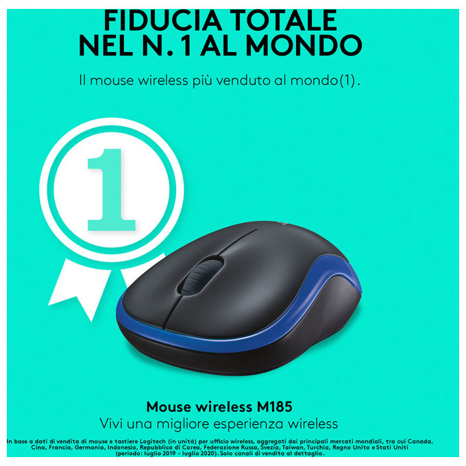 Logitech M185 Mouse Wireless Ottico Ambidestro Nero e Blu 1000 DPI per PC e Laptop