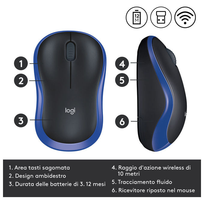 Logitech M185 Mouse Wireless Ottico Ambidestro Nero e Blu 1000 DPI per PC e Laptop