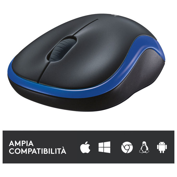Logitech M185 Mouse Wireless Ottico Ambidestro Nero e Blu 1000 DPI per PC e Laptop