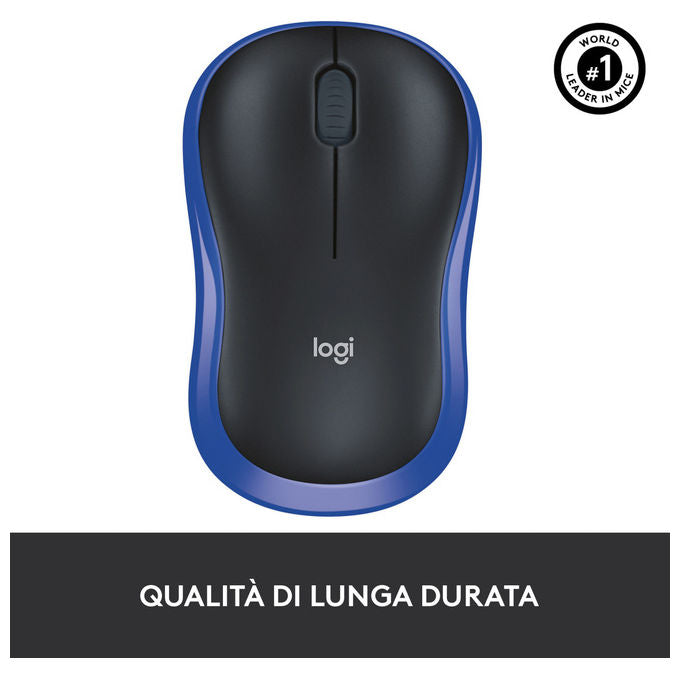 Logitech M185 Mouse Wireless Ottico Ambidestro Nero e Blu 1000 DPI per PC e Laptop