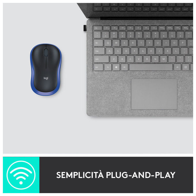Logitech M185 Mouse Wireless Ottico Ambidestro Nero e Blu 1000 DPI per PC e Laptop