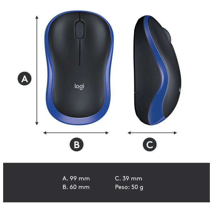 Logitech M185 Mouse Wireless Ottico Ambidestro Nero e Blu 1000 DPI per PC e Laptop
