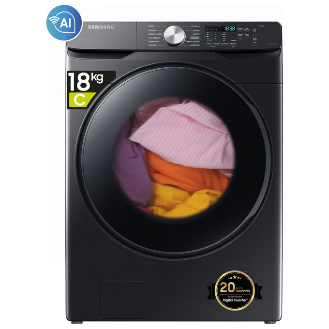 Samsung WF18T8000GV - Lavatrice a carica frontale 18 kg, 1100 rpm, Classe C, Ecobubble, Vapore Igienizzante, Wi-Fi, (98x69x80 cm), Nero