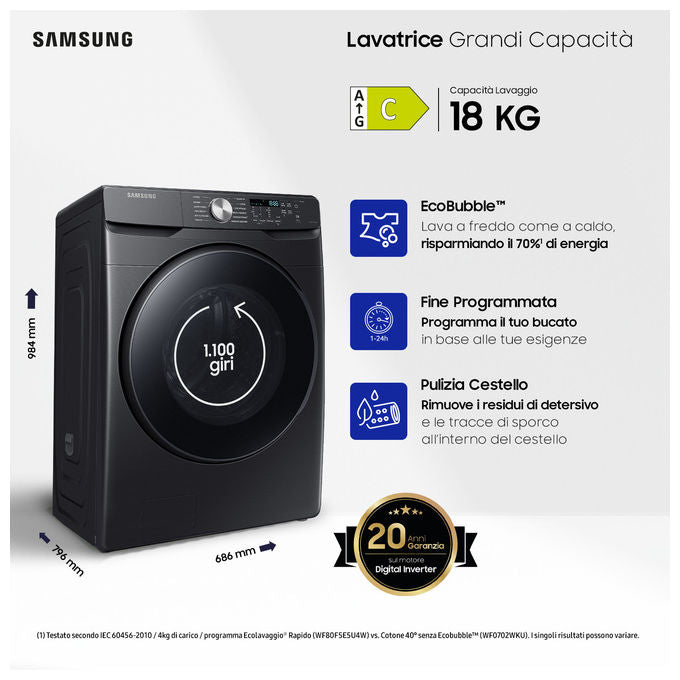 Samsung WF18T8000GV - Lavatrice a carica frontale 18 kg, 1100 rpm, Classe C, Ecobubble, Vapore Igienizzante, Wi-Fi, (98x69x80 cm), Nero