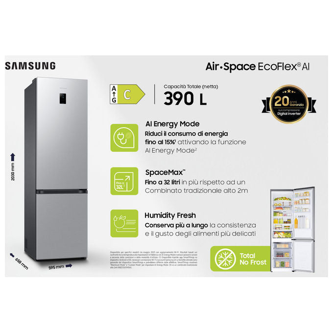 Samsung RB38C672CSA EcoFlex AI Frigorifero Combinato 390 L 203 cm Classe C 35 dB Total No Frost Wi-Fi colore Silver Inox