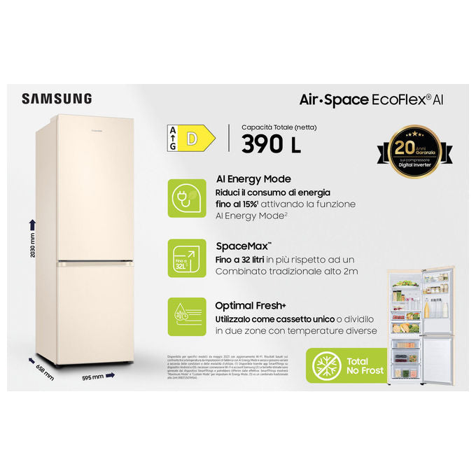 Samsung RB38C603DEL EcoFlex AI Frigorifero Combinato 390 L 203 cm Classe D 35 dB Total No Frost Wi-Fi SpaceMax colore Sabbia