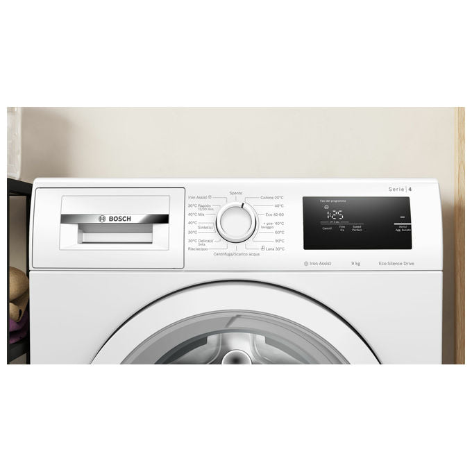 Bosch WAN24009II Serie 4 - Lavatrice a carica frontale da libera installazione 9 kg, 1200 rpm, Classe A, Iron Assist, EcoSilence Drive, ActiveWater Plus, (84,5x59,8x59,0 cm), Bianco