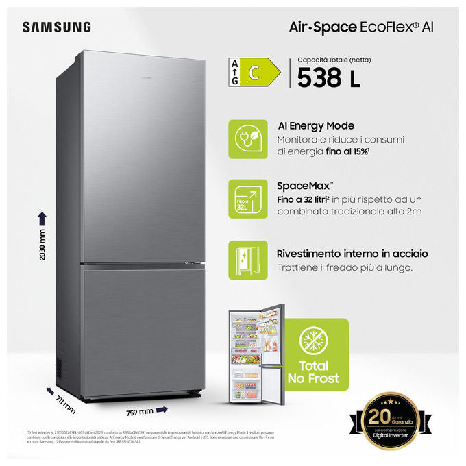 Samsung RB53DG706CS9 Frigorifero Combinato 538 L 203 cm Classe C 35 dB Total No Frost Twin Cooling Plus WiFi colore Metallico Acciaio Inossidabile
