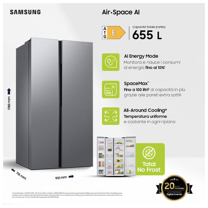 Samsung RS62DG5003S9 Frigorifero Americano Side by Side 655 L 178 cm Classe E 37 dB Total No Frost Wi-Fi SpaceMax (178x91x72 cm) colore Acciaio Inox