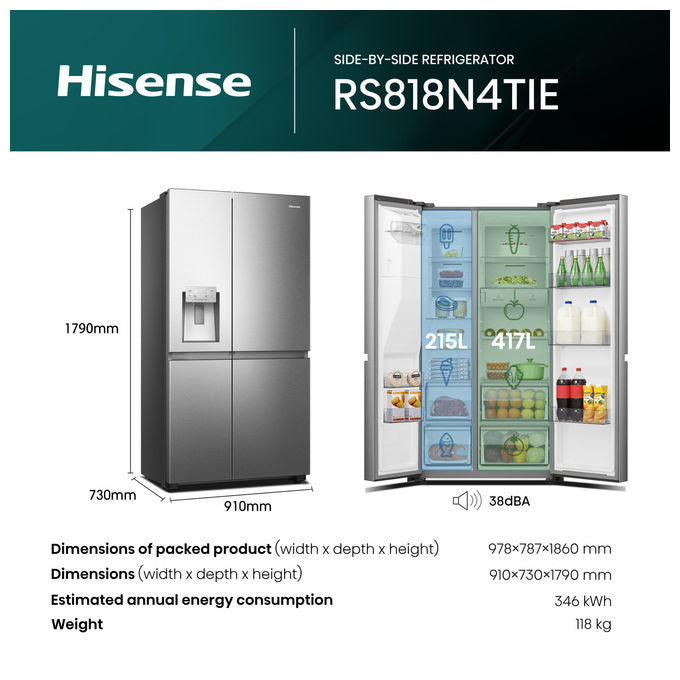 Hisense RS818N4TIE Frigorifero Side by Side 632 L 179 cm Classe E 38 dB Total No Frost WiFi Dispenser Acqua e Ghiaccio colore Acciaio Inox
