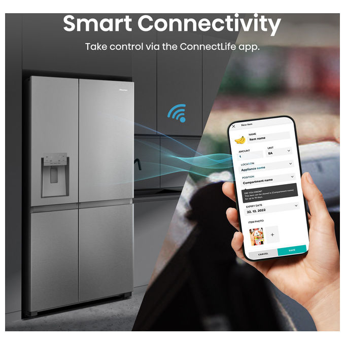 Hisense RS818N4TIE Frigorifero Side by Side 632 L 179 cm Classe E 38 dB Total No Frost WiFi Dispenser Acqua e Ghiaccio colore Acciaio Inox