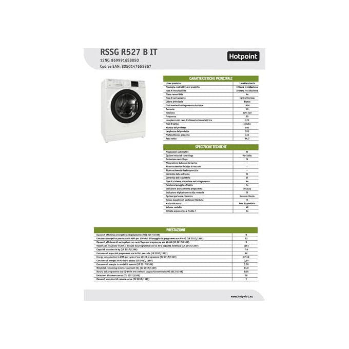 Hotpoint RSSG R527 B IT Lavatrice Caricamento Frontale Slim Classe energetica B Capacita' di carico 7Kg Centrifuga 1200 Giri