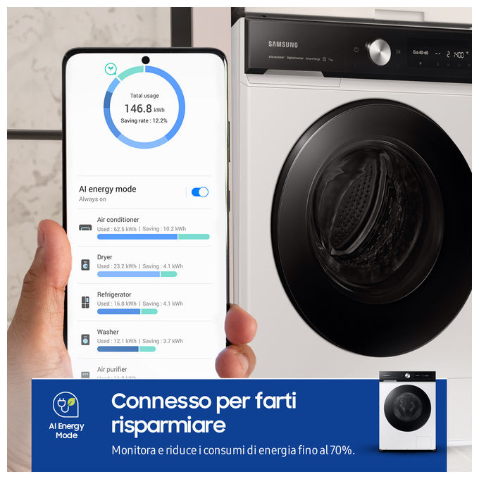 Samsung WW90DB7U94GEU3 BESPOKE AI Lavatrice Carica Frontale 9 Kg 1400 rpm Classe A Wi-Fi Ecodosatore Vapore (85x60x60 cm) colore Bianco