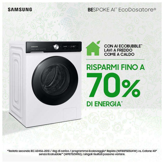 Samsung WW90DB7U94GEU3 BESPOKE AI Lavatrice Carica Frontale 9 Kg 1400 rpm Classe A Wi-Fi Ecodosatore Vapore (85x60x60 cm) colore Bianco