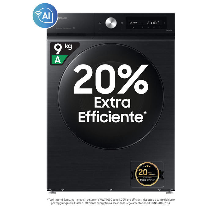 Samsung BESPOKE AI WW90DB7U94GBU3 Lavatrice caricamento frontale Ecodosatore 9Kg 1400 giri Classe A Colore nero