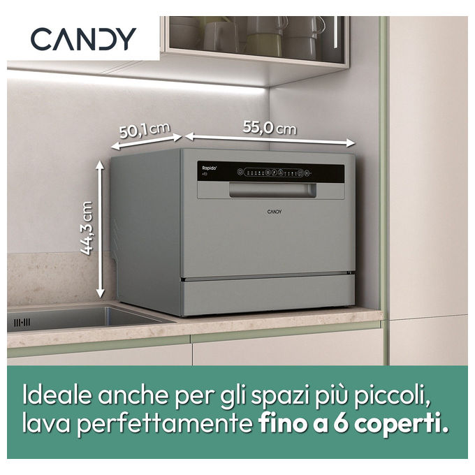 Candy CP 6E51LS Rapido Lavastoviglie Compatta 6 coperti Classe E 8 programmi 51 dB (44,3x55x50,1 cm) colore Silver