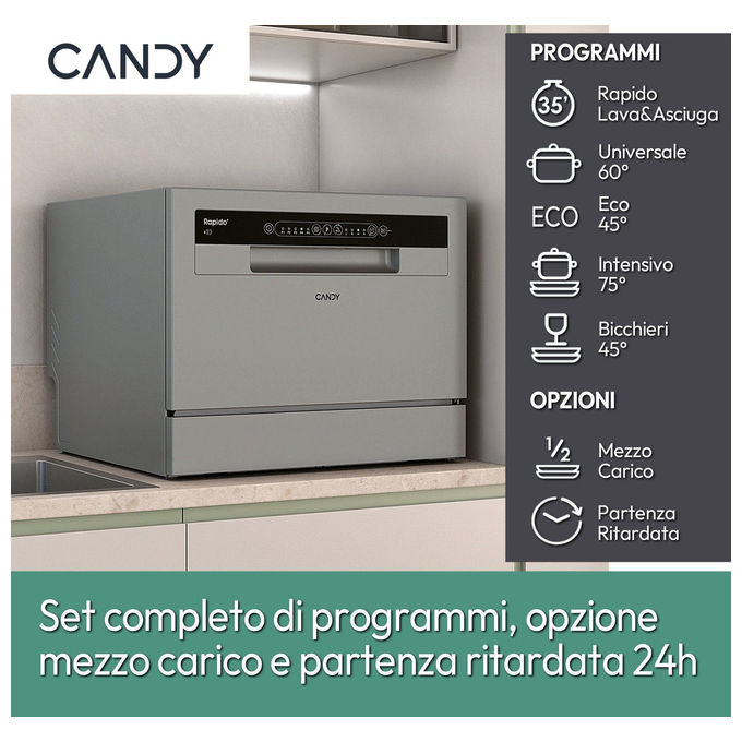 Candy CP 6E51LS Rapido Lavastoviglie Compatta 6 coperti Classe E 8 programmi 51 dB (44,3x55x50,1 cm) colore Silver