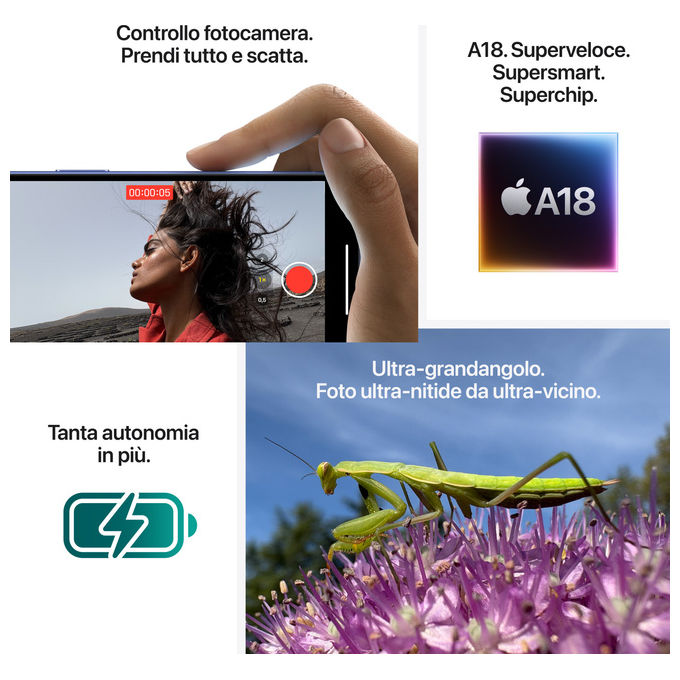 Apple MYE73QL-A iPhone 16 Smartphone 5G 6.1'' OLED 128GB Chip A18 Dual SIM Face ID iOS 18 colore Nero