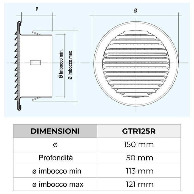 Griglia tonda da incasso in rame La Ventilazione GTR125R ø150mm con rete antinsetti