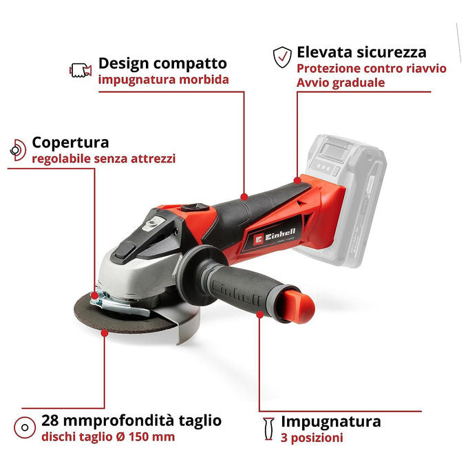 Einhell Smerigliatrice Angolare A Batteria Te-Ag 18 Li (Batteria Non Inclusa)