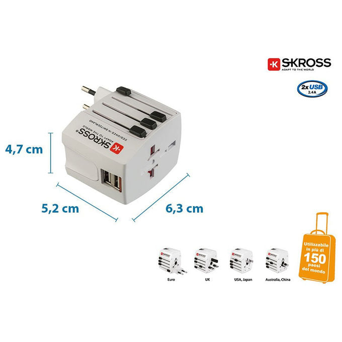 Polypool Adattatore Universale da Viaggio Compatto 10a 230v , con 2 Prese usb