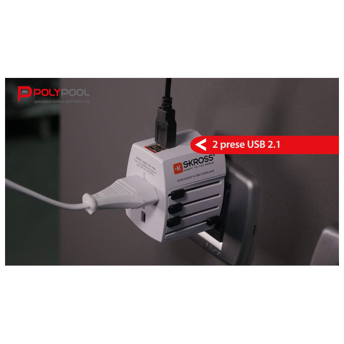 Polypool Adattatore Universale da Viaggio Compatto 10a 230v , con 2 Prese usb