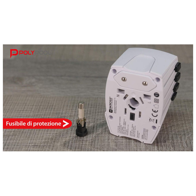 Polypool Adattatore Universale da Viaggio Compatto 10a 230v , con 2 Prese usb