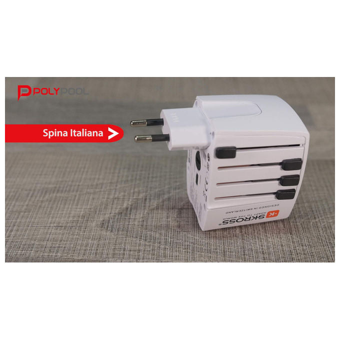 Polypool Adattatore Universale da Viaggio Compatto 10a 230v , con 2 Prese usb