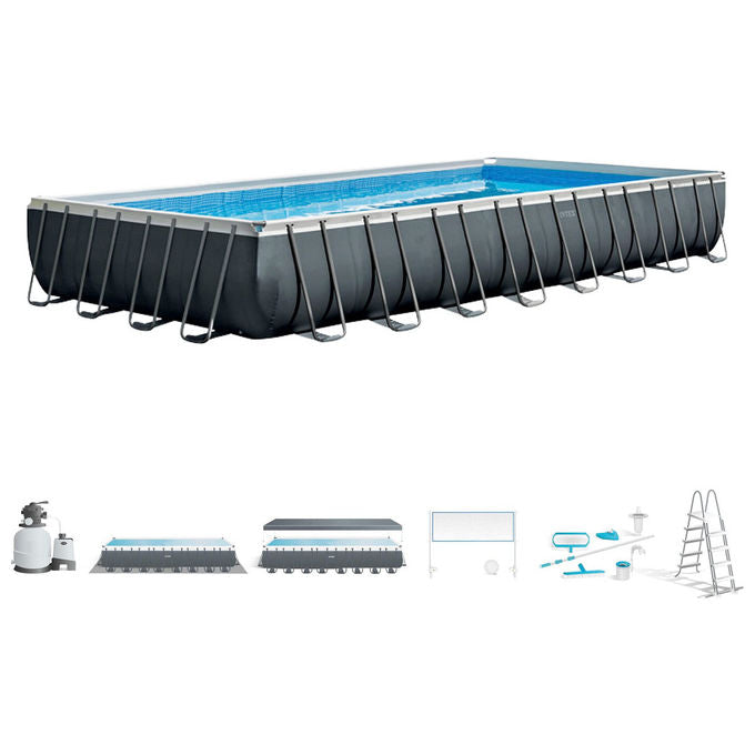 Intex 26378NP Piscina Fuori Terra Ultra XTR Frame Rettangolare Pompa Filtro 10000 L-h Scaletta Telo Base e Copertura KIT_ Pulizia Deluxe e Set Volley 54368L Acciaio e PVC Grigio 975x488x132cm