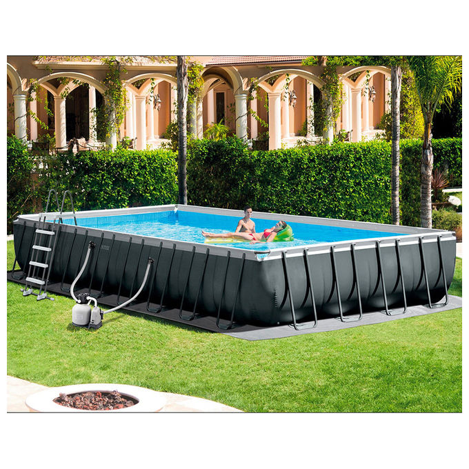Intex 26378NP Piscina Fuori Terra Ultra XTR Frame Rettangolare Pompa Filtro 10000 L-h Scaletta Telo Base e Copertura KIT_ Pulizia Deluxe e Set Volley 54368L Acciaio e PVC Grigio 975x488x132cm