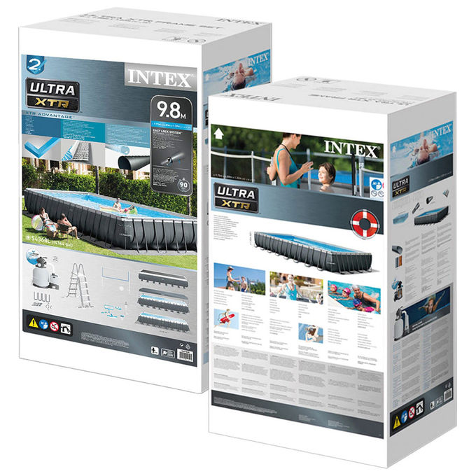 Intex 26378NP Piscina Fuori Terra Ultra XTR Frame Rettangolare Pompa Filtro 10000 L-h Scaletta Telo Base e Copertura KIT_ Pulizia Deluxe e Set Volley 54368L Acciaio e PVC Grigio 975x488x132cm