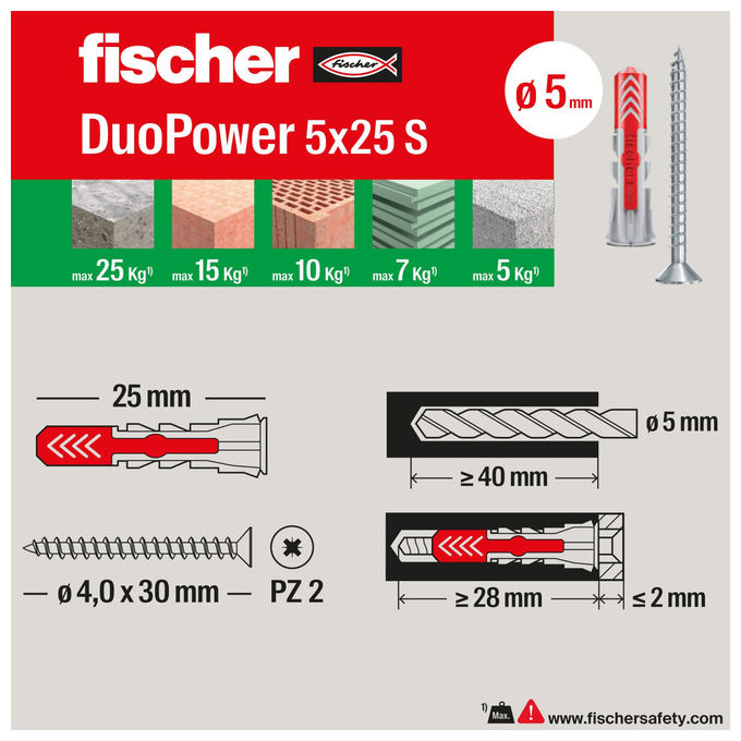 Fischer Duopower 544546 Tasselli Universali 80 pz per Muro Cartongesso Calcestruzzo