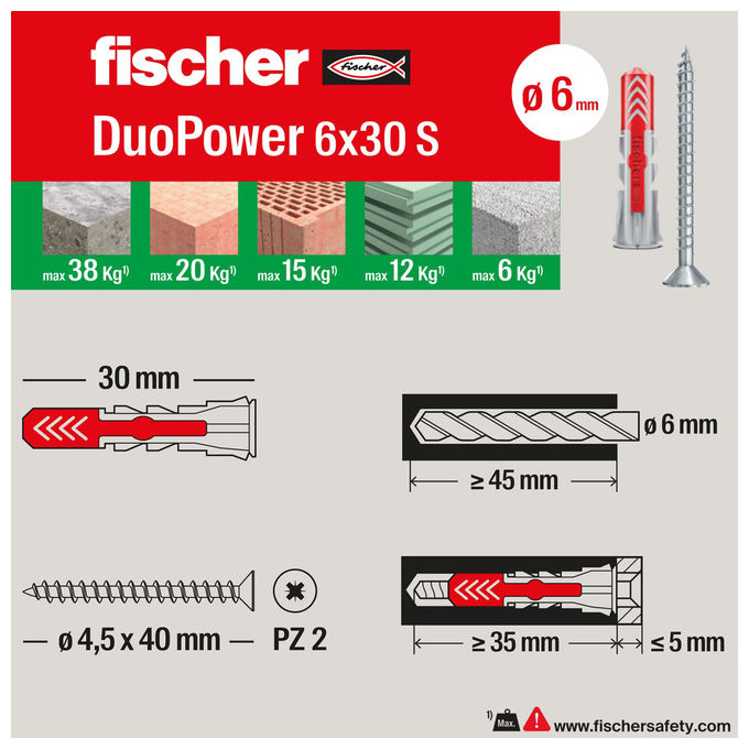 Fischer Duopower 544546 Tasselli Universali 80 pz per Muro Cartongesso Calcestruzzo