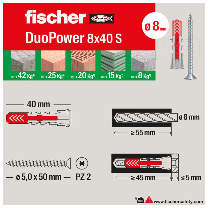 Fischer Duopower 544546 Tasselli Universali 80 pz per Muro Cartongesso Calcestruzzo